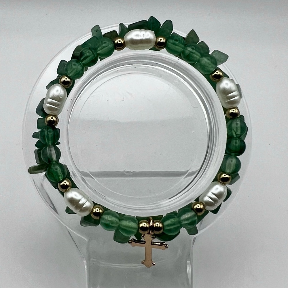 Green Aventurine Pearl Beaded stack Bracelet Set with Cross Charm Boho - Picture 3 of 6